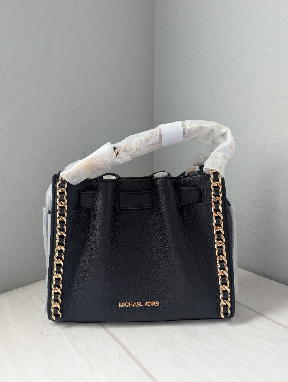 NWT Michael Kors Mina Small MK Belted Chain Shoulder Crossbody Bag In Black